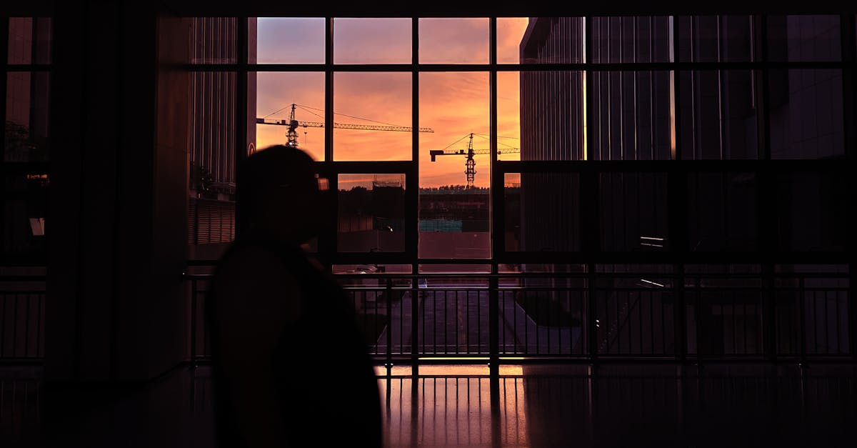 Silhouette of person against urban sunset and cranes view through large windows.