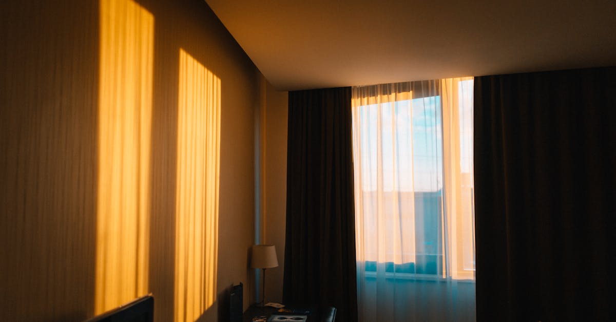 A contemporary hotel room draped in warm morning light casting shadows on the wall.