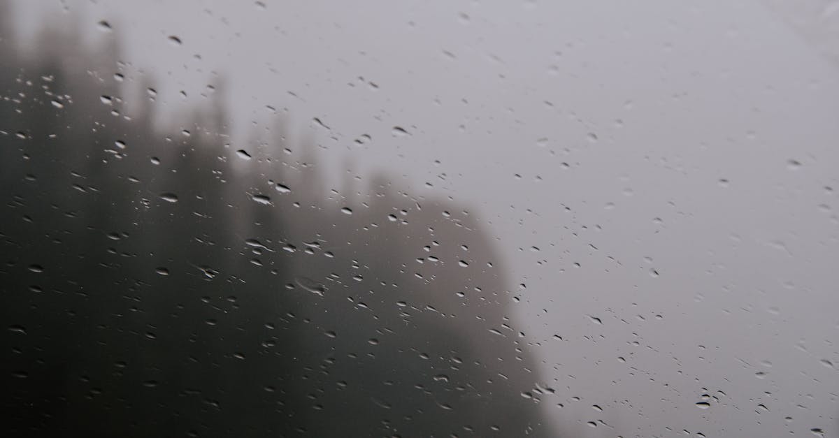 Raindrops on a window create a moody, atmospheric view of a misty landscape.
